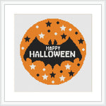 The image showcases a circular cross stitch pattern with a central theme of Halloween, featuring a pumpkin-orange background, black bats, white stars, and the phrase 'Happy Halloween' stitched in the center.