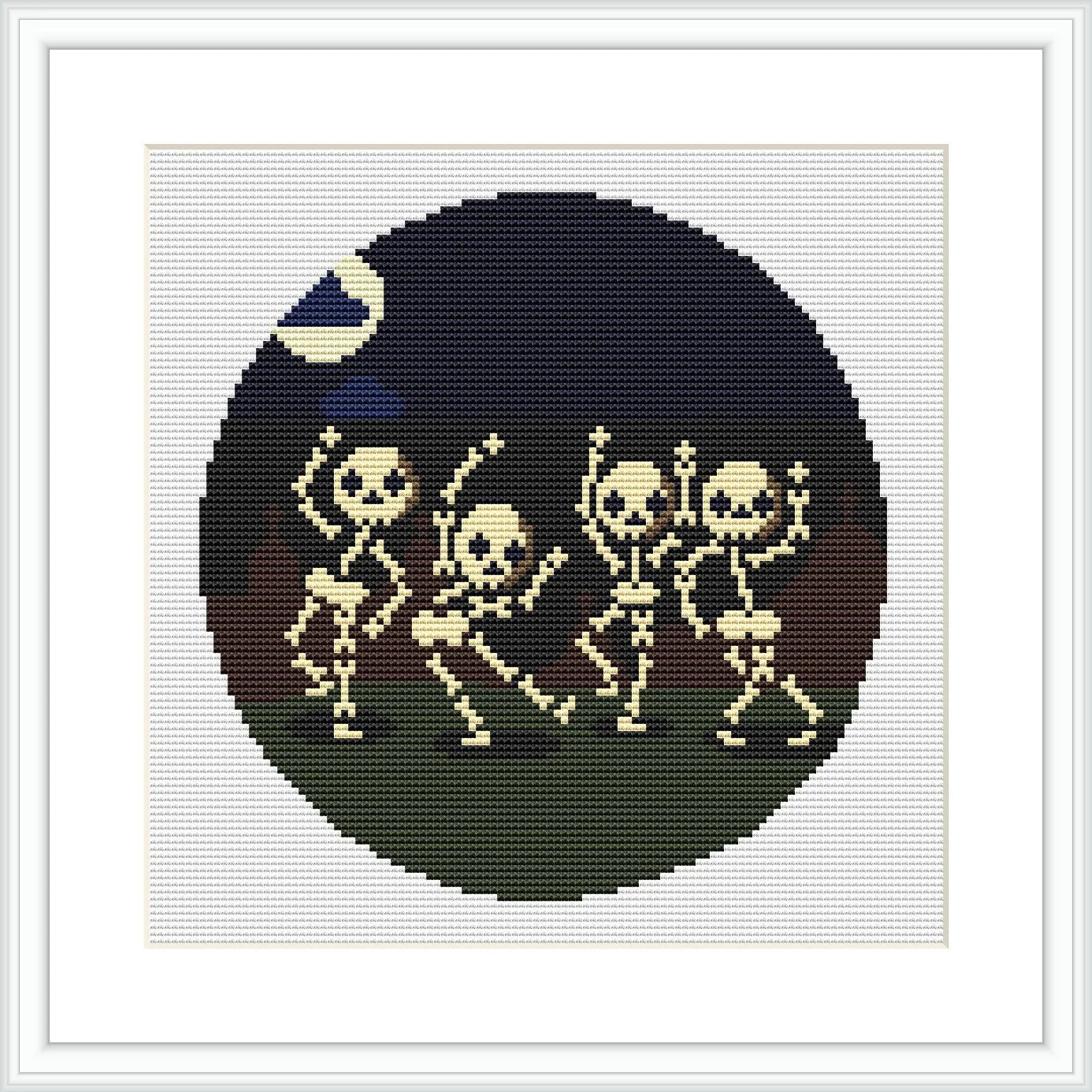 The image depicts a cross stitch pattern featuring three cartoon-like skeletons dancing in a group, placed within a dark circular backdrop resembling a full moon against a navy blue night sky. A small white crescent moon is at the top right corner.