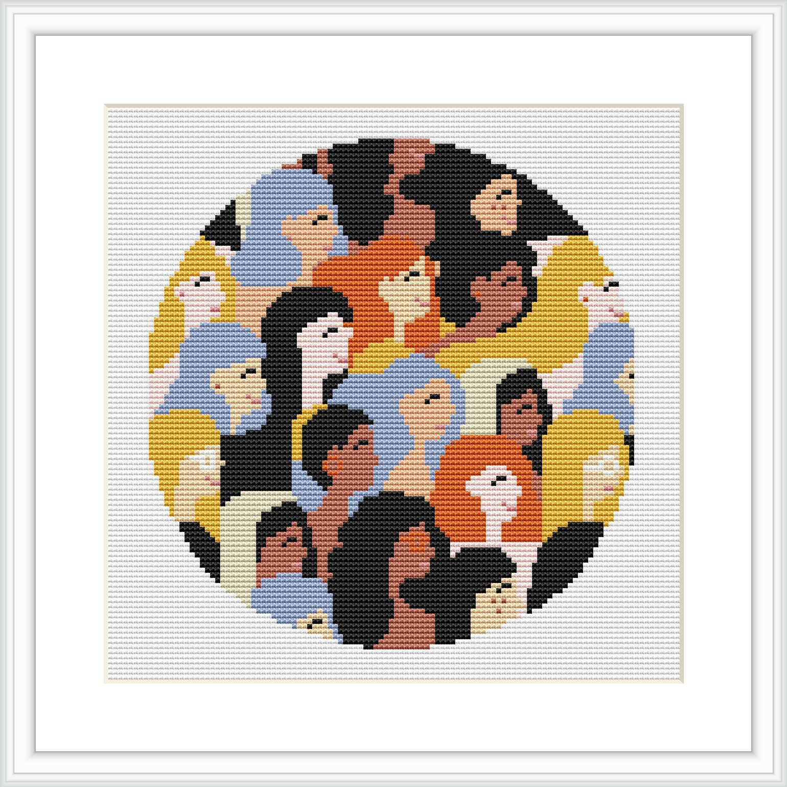 The image features a cross stitch pattern depicting numerous stylized human faces in a circular collage layout. The pattern is framed in white and is presented on a simple, flat background.