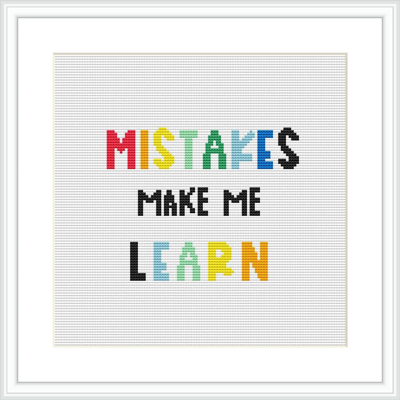 The image shows a framed cross stitch pattern with the phrase 'MISTAKES MAKE ME LEARN' stitched in colorful letters of varying font styles. The pattern is centered on a white aida cloth, presenting a clean and modern aesthetic.