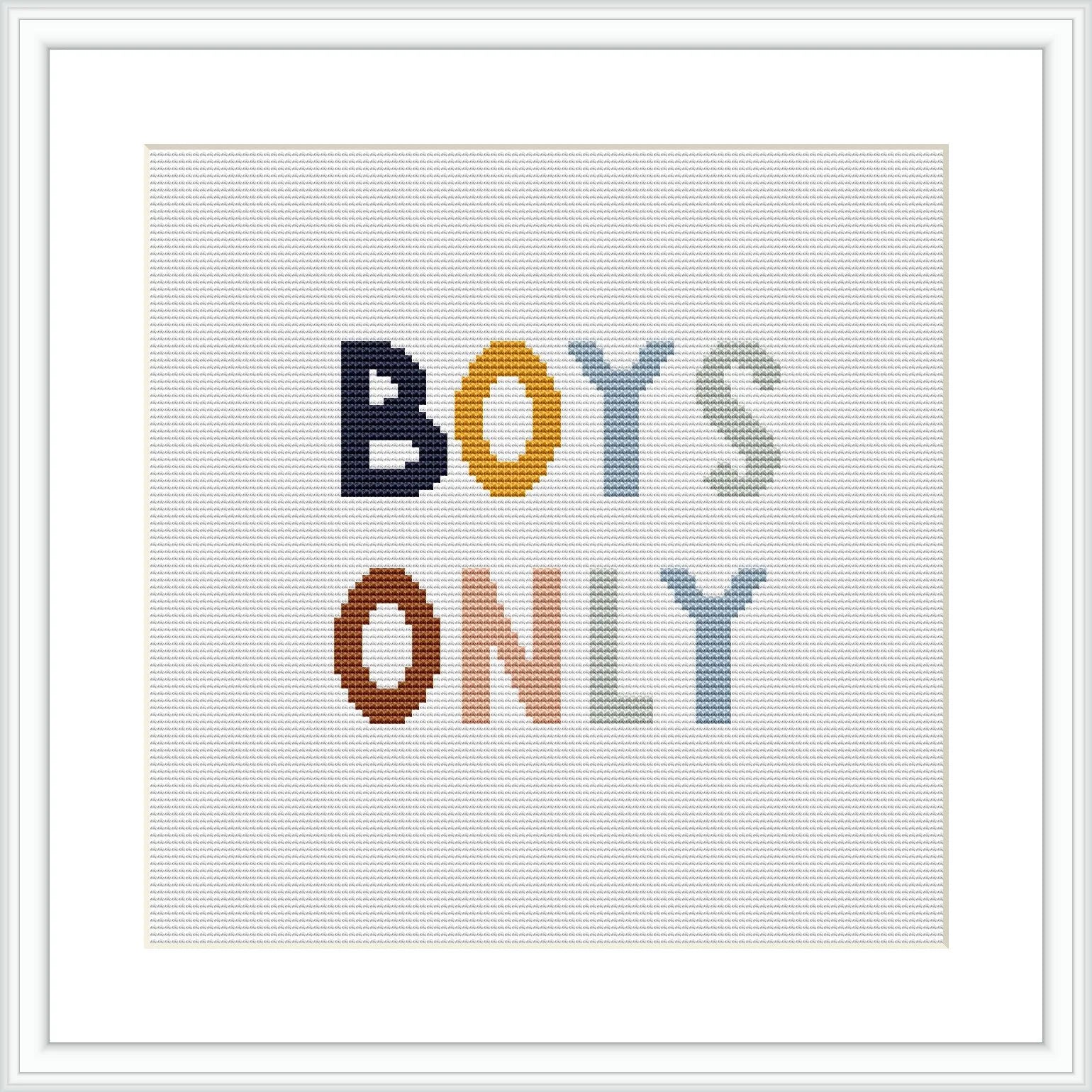 The image shows the text 'BOYS ONLY' in uppercase letters. Each letter has a different color and is displayed against a plain white background, framed within a simple square frame.