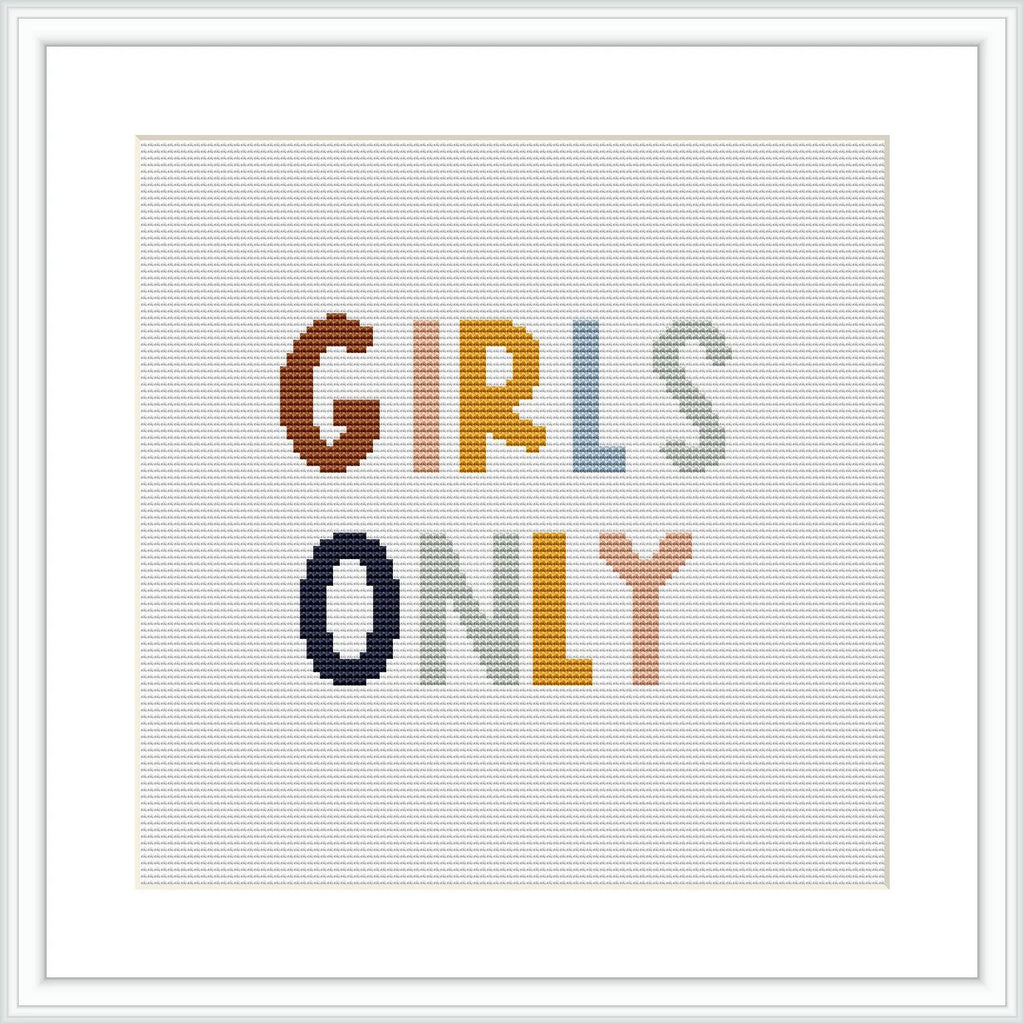 The image features a framed cross stitch pattern with the phrase 'GIRLS ONLY' in capital letters, each letter displayed in a different color. The background is white, with the letters arranged in a single horizontal line.