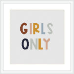 The image features a framed cross stitch pattern with the phrase 'GIRLS ONLY' in capital letters, each letter displayed in a different color. The background is white, with the letters arranged in a single horizontal line.