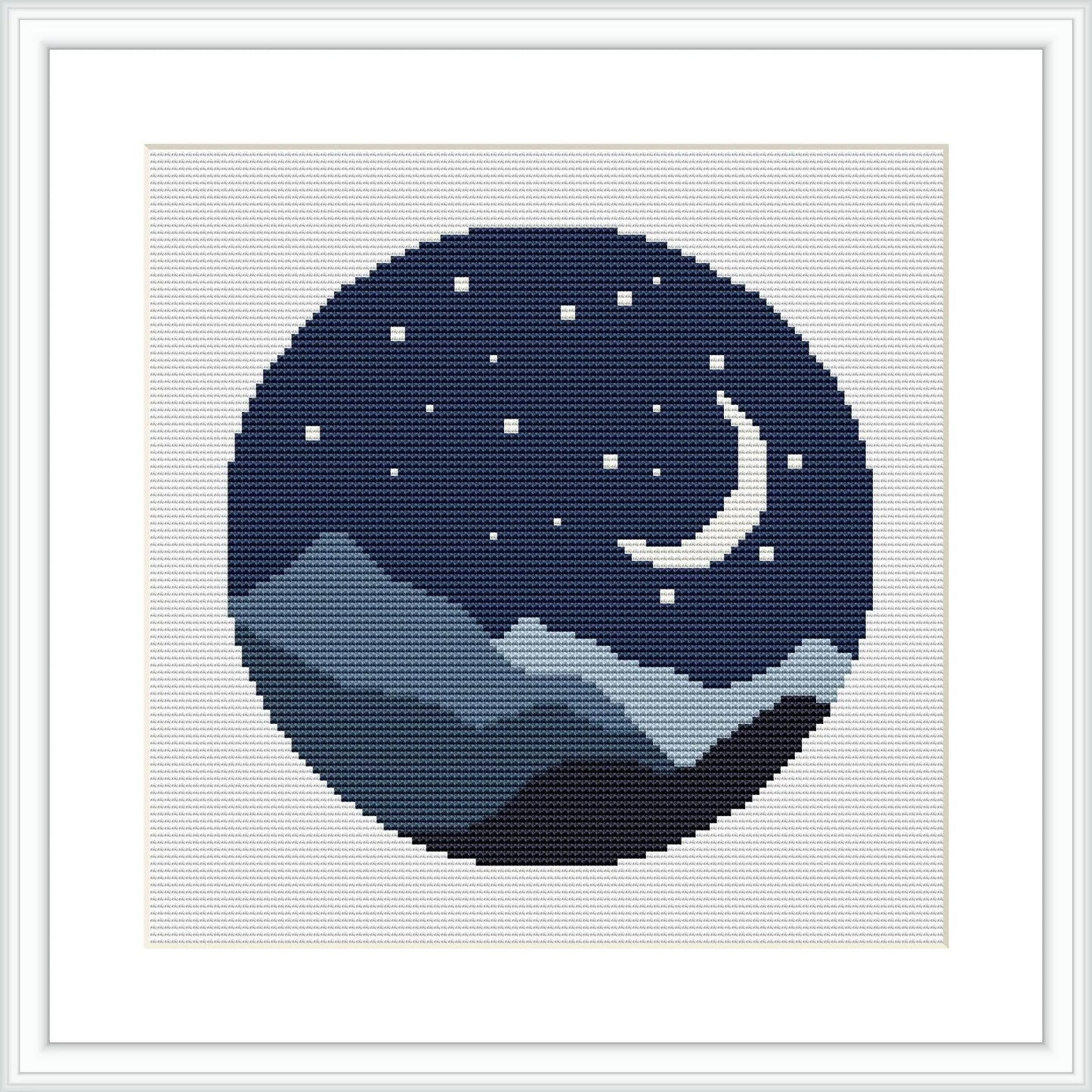 The cross stitch pattern depicts a circular motif featuring a stylized night scene with a crescent moon in the sky and a layered mountain landscape beneath, all encompassed within a round frame.