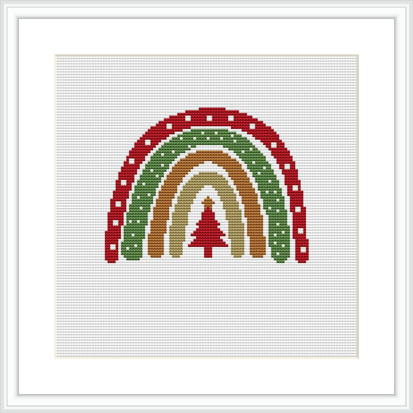 This pattern features a half-arc rainbow composed of four bands color gradient from red at the top, through green, gold, to brown at the bottom, on a white canvas within a dark frame.