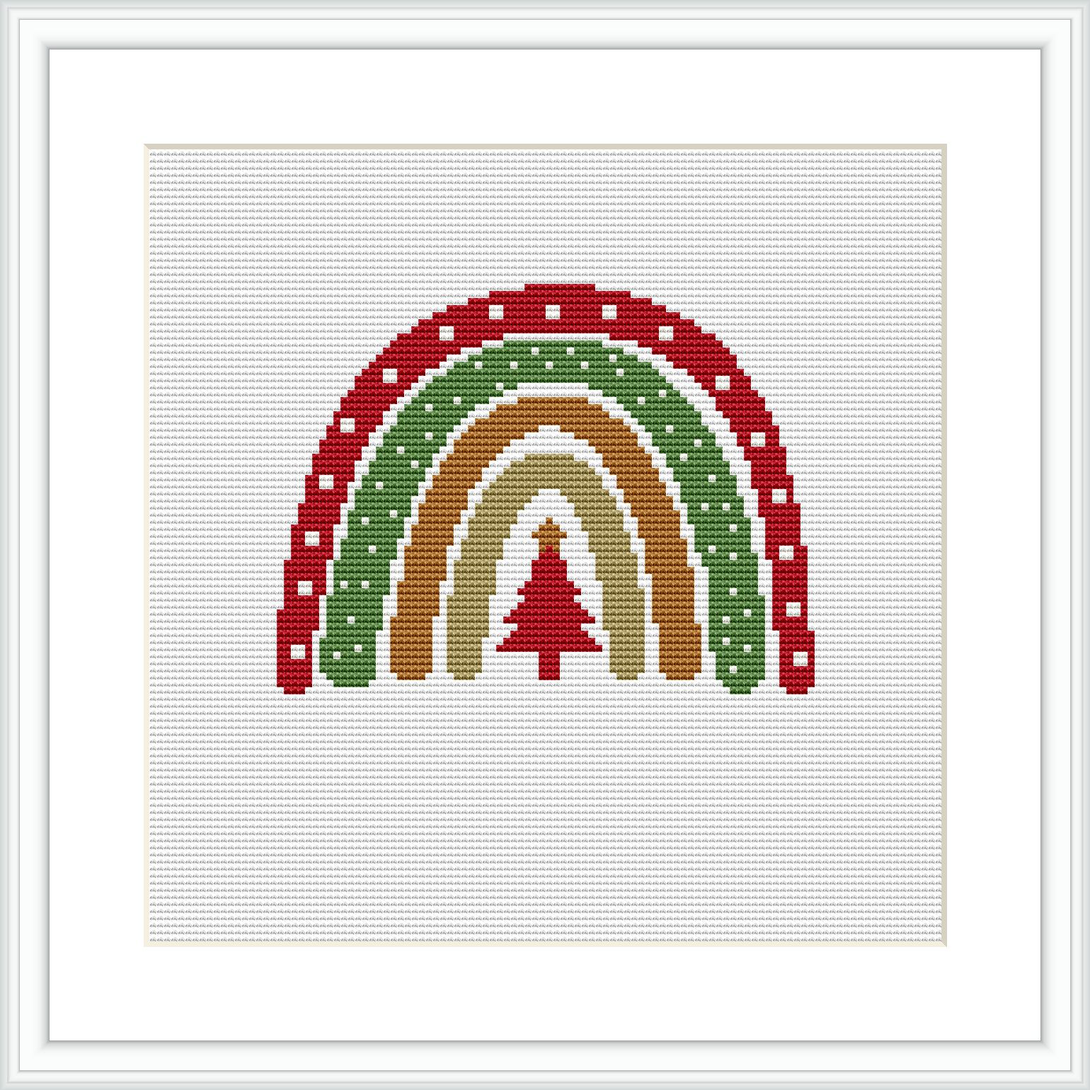 This pattern features a half-arc rainbow composed of four bands color gradient from red at the top, through green, gold, to brown at the bottom, on a white canvas within a dark frame.