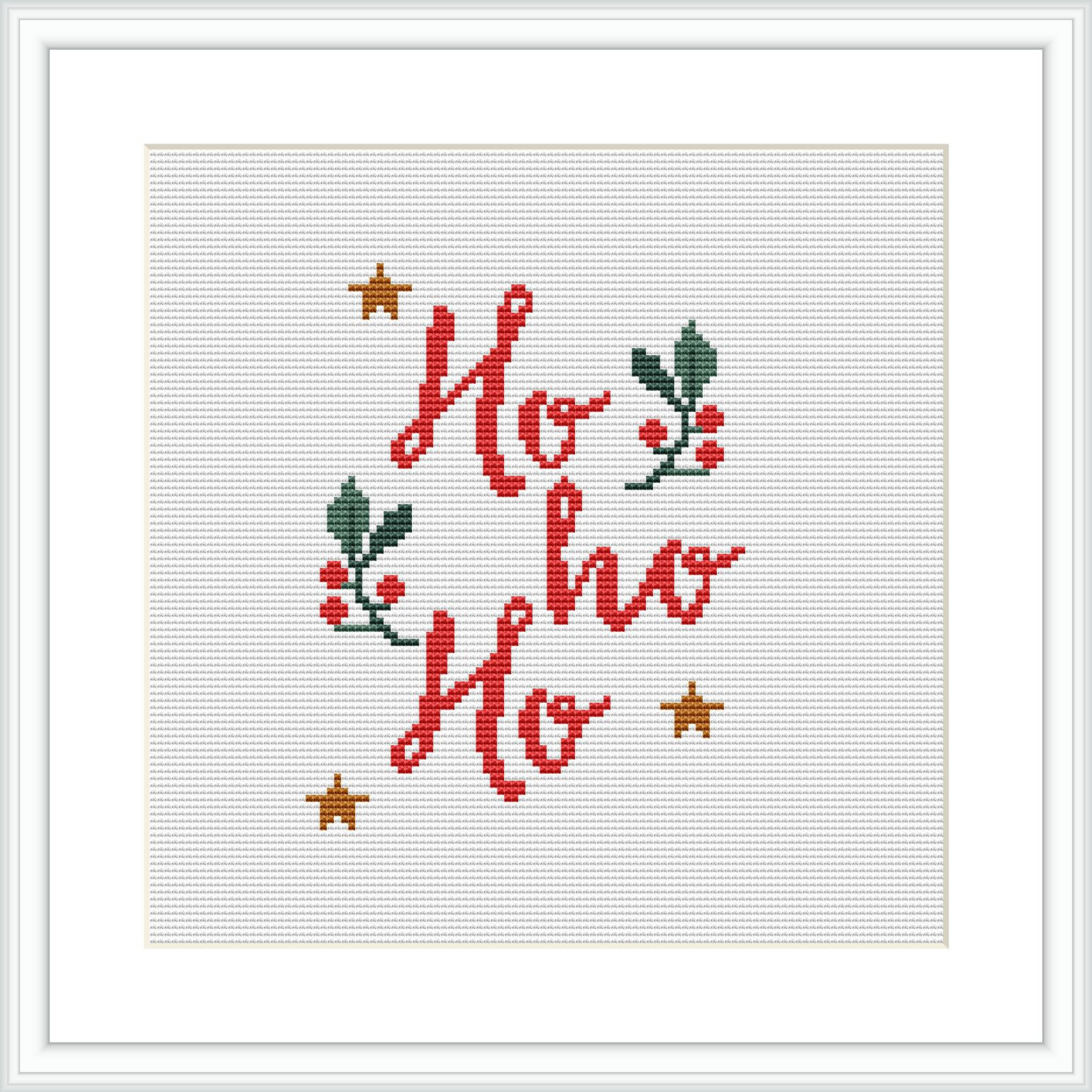 The image features a cross stitch pattern with the words 'Ho ho ho' in red, adorned with green holly leaves and berries, and accented with golden stars, all framed against a white background within a simple square frame.