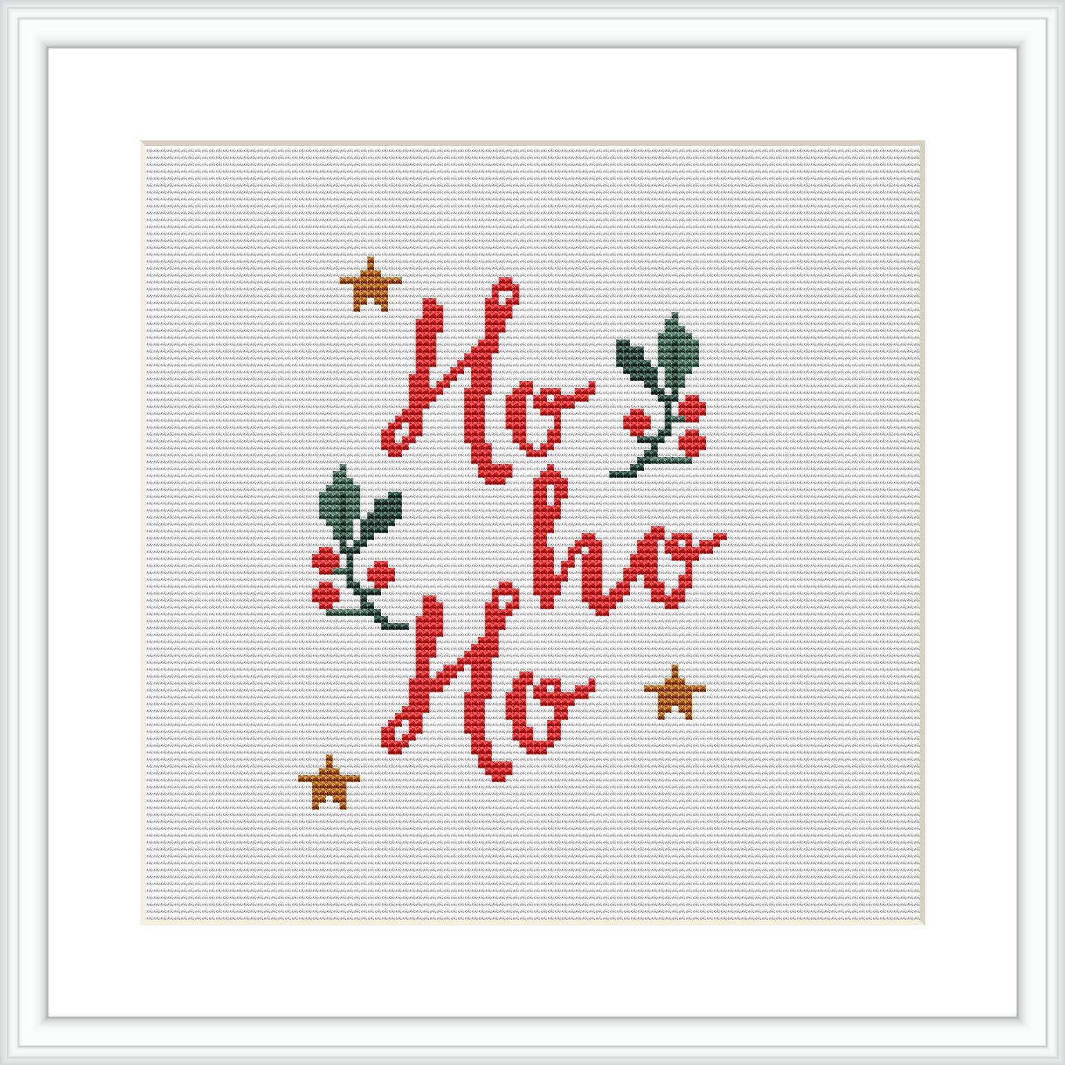 The image features a cross stitch pattern with the words 'Ho ho ho' in red, adorned with green holly leaves and berries, and accented with golden stars, all framed against a white background within a simple square frame.