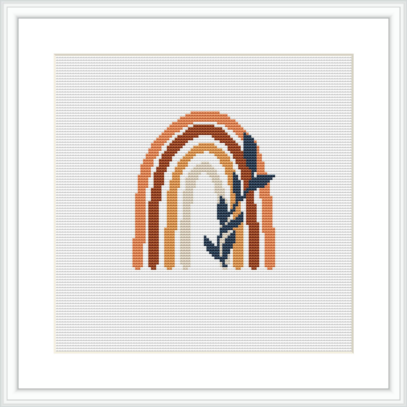 The image depicts a framed cross stitch pattern of a stylized rainbow in earth tones, bending over a small blue plant, set against a white background.
