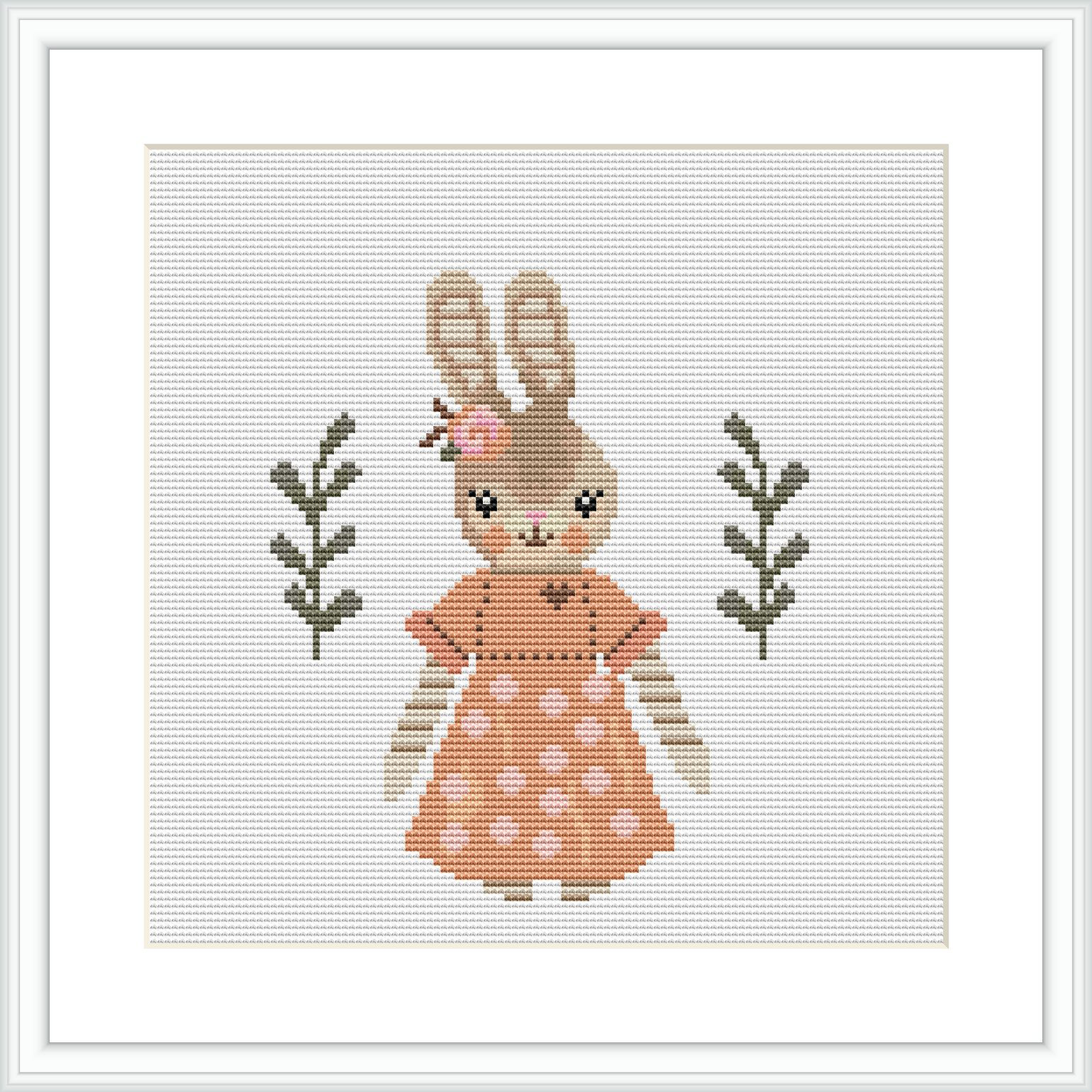 The image depicts a cross-stitch pattern of a rabbit wearing a pink dress with polka dots. The rabbit is positioned in the center, surrounded by green foliage on both sides, framed with a simple border on a white fabric background.