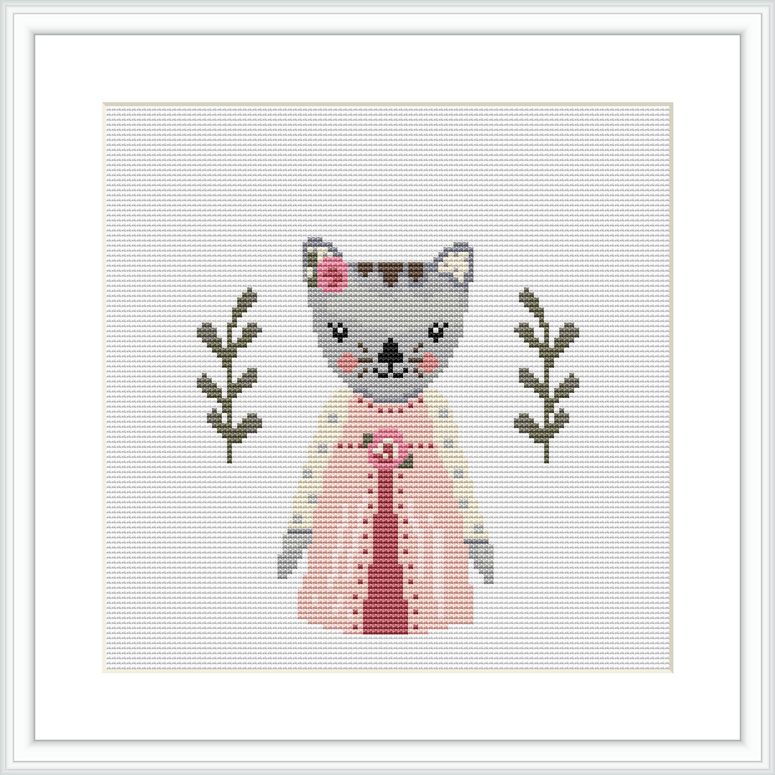 The image displays a cross stitch pattern design of a grey and white cat wearing a pink dress with a white apron. The cat is flanked by two olive green branches with leaves, set against a plain white background.