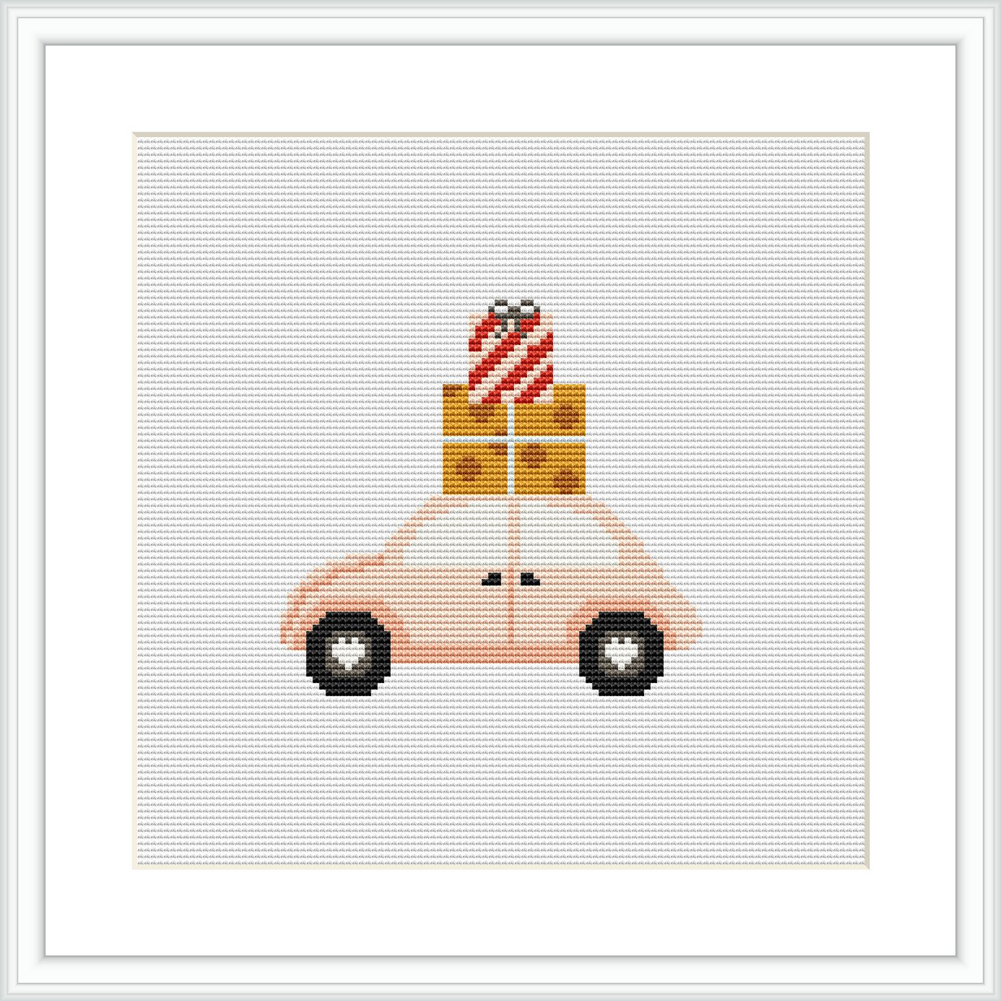 The cross stitch pattern depicts a pink car viewed from the side on a white background. The car is stylized with a minimalist design and has a stack of three wrapped gifts secured to its roof, in colors red, yellow, and striped white and red.