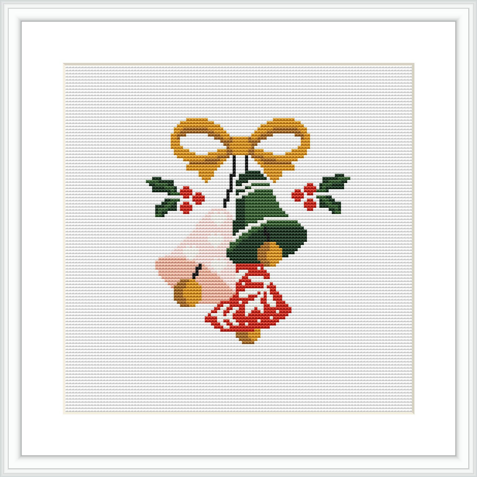 The cross stitch design features a pair of golden bells tied with a ribbon, above holly leaves with red berries, a candy cane, and holiday ornaments on a white background.