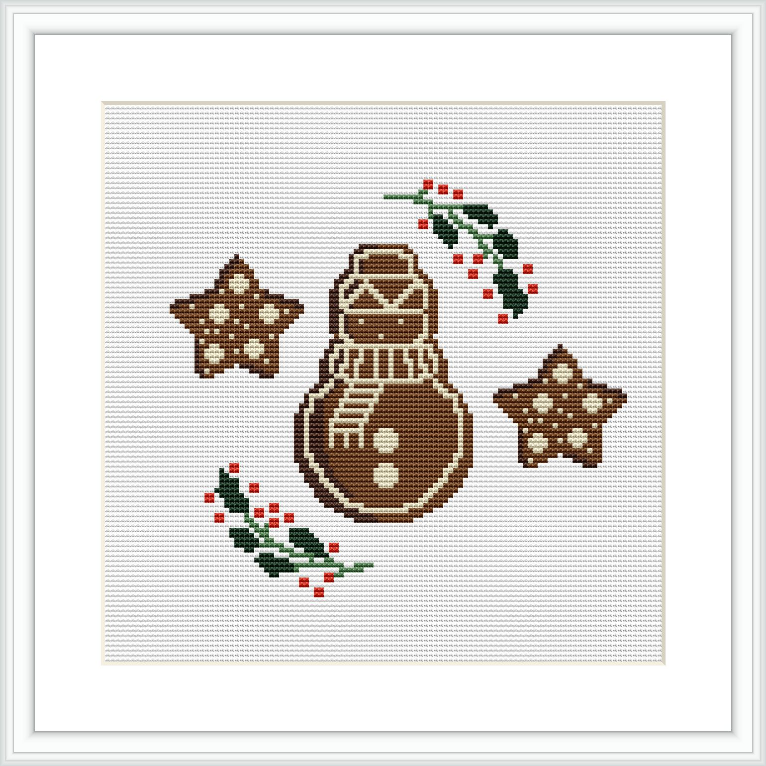 The image displays a completed cross-stitch pattern featuring holiday-themed designs, including a gingerbread man, two stars, and sprigs of holly with red berries arranged diagonally across a white fabric canvas.