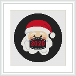 A cross stitch pattern featuring a smiling Santa Claus face with a red hat, centered within a circular black border with '2020' stitched over his mouth.