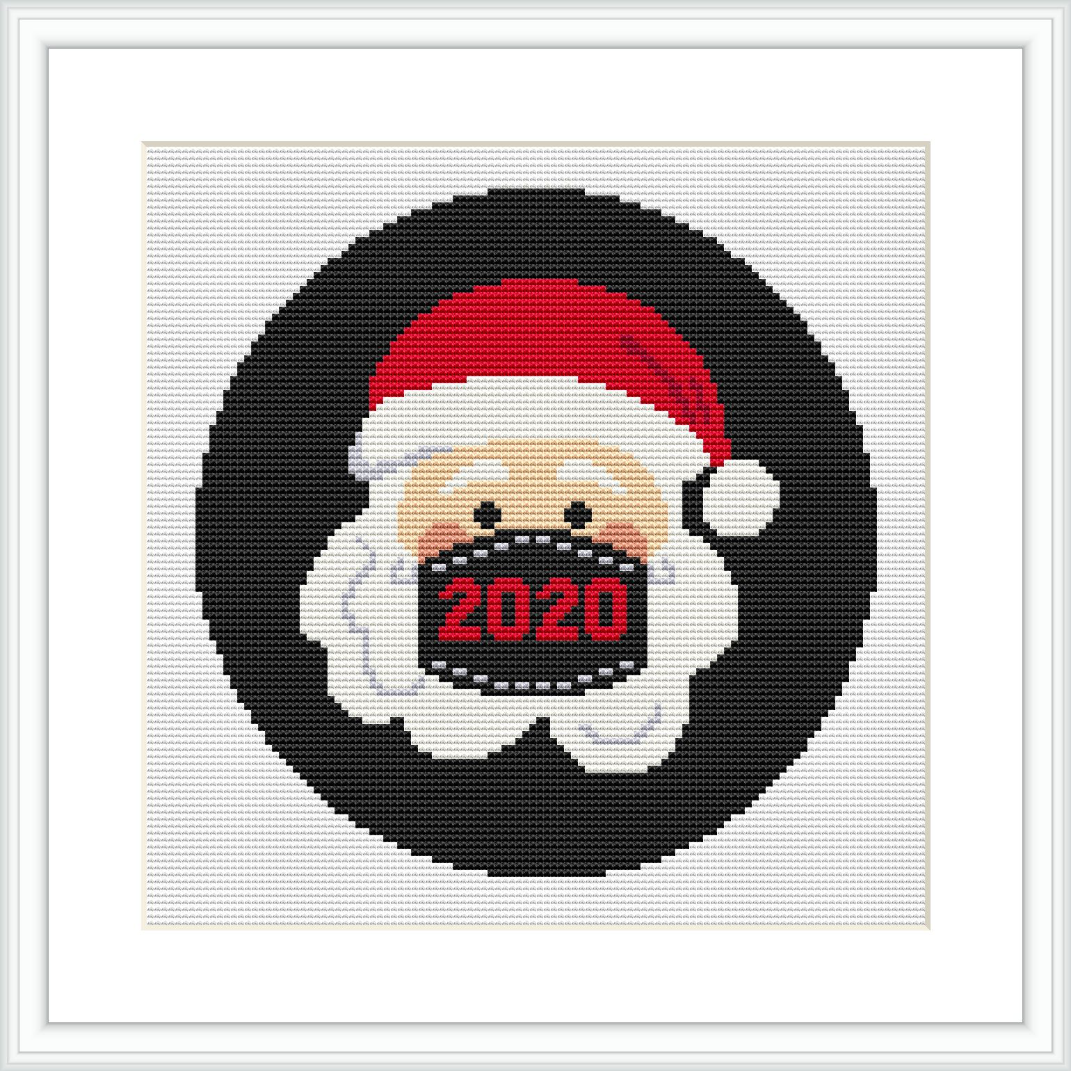 A cross stitch pattern featuring a smiling Santa Claus face with a red hat, centered within a circular black border with '2020' stitched over his mouth.