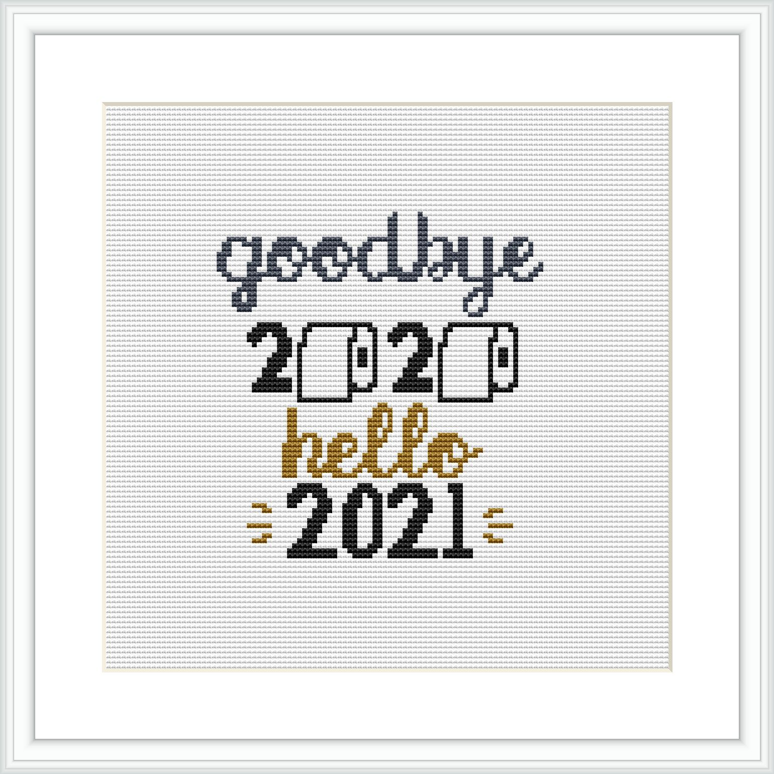 The design features the words 'goodbye' and 'hello' with the respective years '2020' and '2021' beneath them. The numbers are written with rolls of toilet paper and face masks, central icons from the COVID-19 pandemic, styled to convey the transition from one year to the next. It is framed with a simple white border.