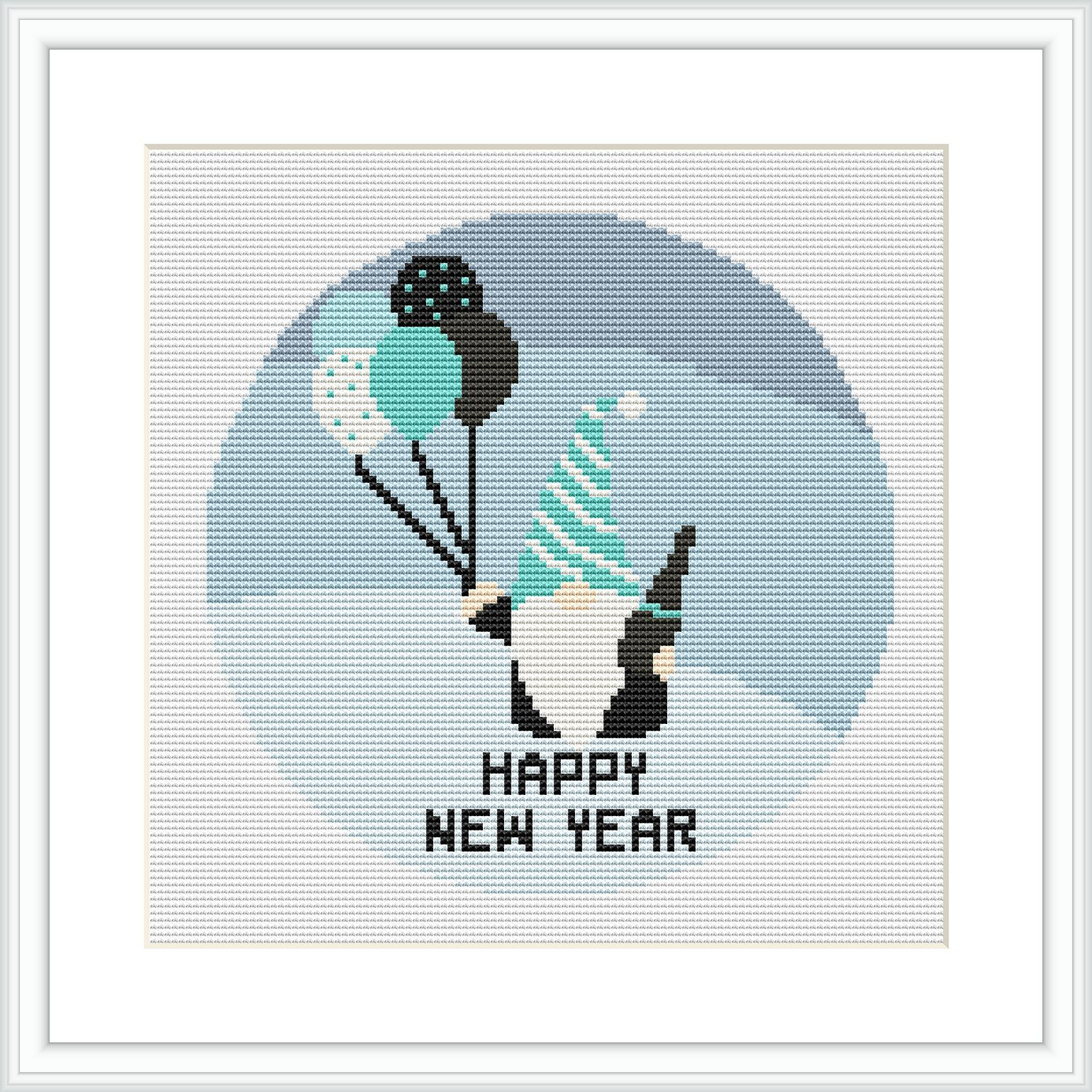 The image shows a cross stitch pattern framed in a white square frame against a light blue background. In the center, there's a gnome wearing a tall hat, facing away, and holding balloons. Above the gnome, 'Happy New Year' is stitched in black letters.