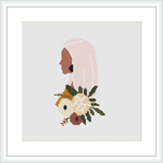 The image displays a framed cross stitch pattern depicting a semi-abstract floral design, with a curved outline of a bouquet set against a white canvas.