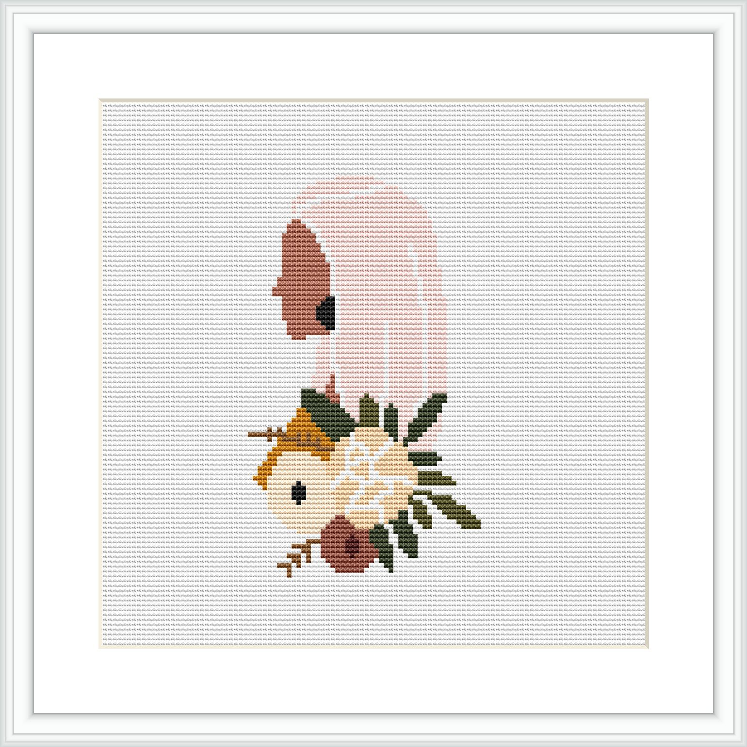 The image displays a framed cross stitch pattern depicting a semi-abstract floral design, with a curved outline of a bouquet set against a white canvas.