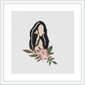 A simplistic yet elegant cross stitch design of a seated woman with long hair, positioned in profile, and surrounded by large floral elements with leaves.
