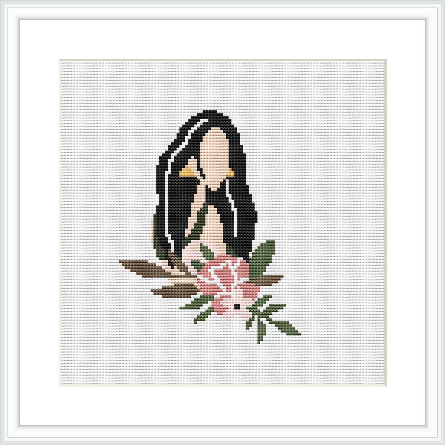 A simplistic yet elegant cross stitch design of a seated woman with long hair, positioned in profile, and surrounded by large floral elements with leaves.