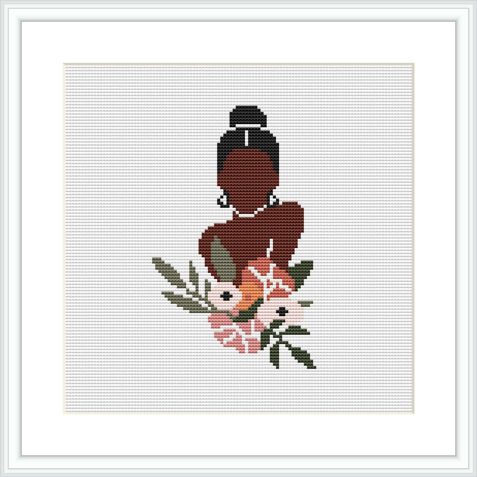 The image showcases a cross stitch pattern with a centered figure of a woman and floral elements against a white background, framed by a simple grey border.