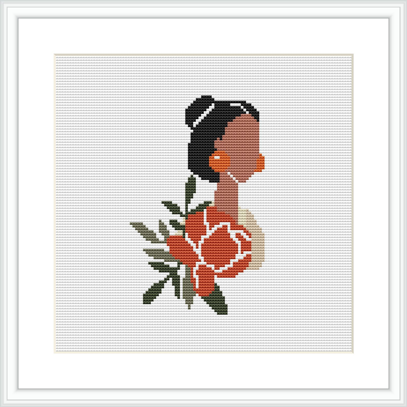 A framed cross stitch pattern depicting a side profile of a woman with her hair elegantly tied up, embellished with large, peach-pink floral accents and green foliage, against a plain white background.