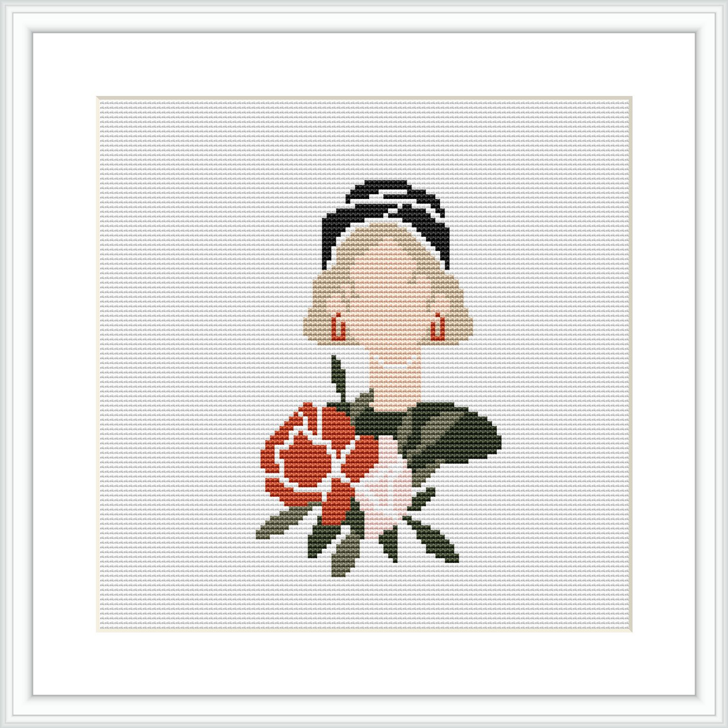 The cross stitch pattern depicts a stylized woman's portrait with large flowers, possibly roses, set against a plain white background in a square frame.