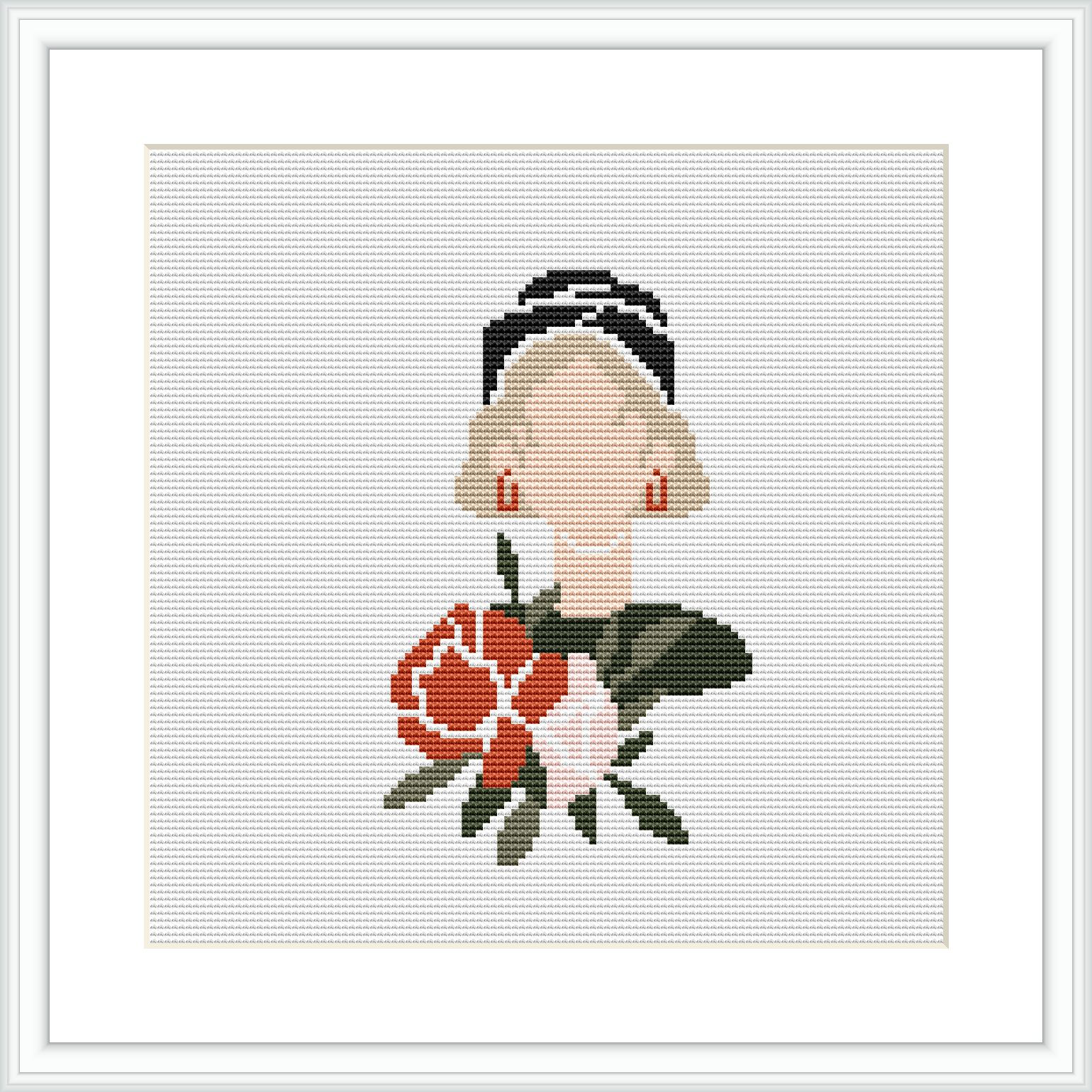 The cross stitch pattern depicts a stylized woman's portrait with large flowers, possibly roses, set against a plain white background in a square frame.