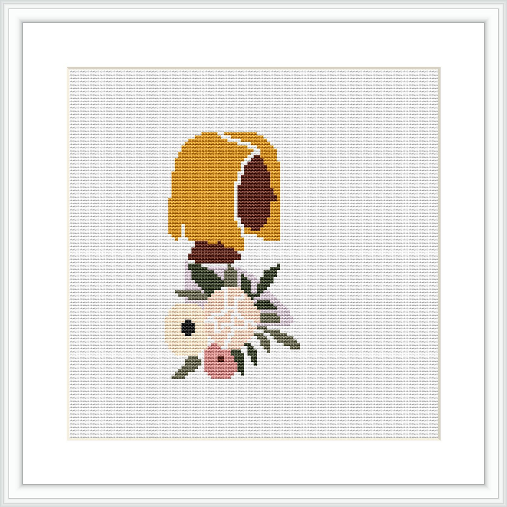 The image features a cross stitch embroidery design of a yellow and peach floral bouquet. The flowers are centrally positioned on a white aida cloth, framed in black, suggesting a simple yet classic design.