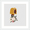 The image features a cross stitch embroidery design of a yellow and peach floral bouquet. The flowers are centrally positioned on a white aida cloth, framed in black, suggesting a simple yet classic design.