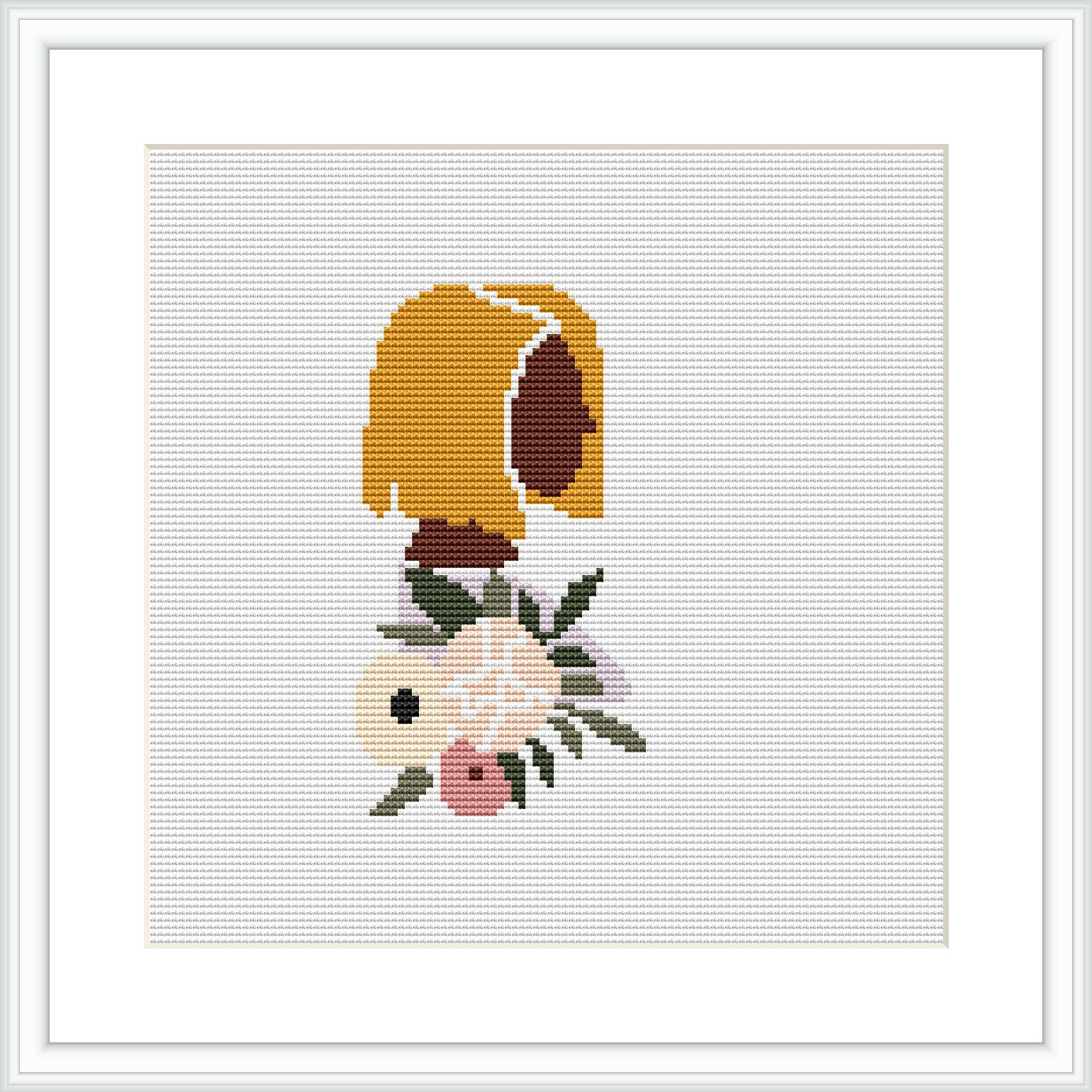 The image features a cross stitch embroidery design of a yellow and peach floral bouquet. The flowers are centrally positioned on a white aida cloth, framed in black, suggesting a simple yet classic design.
