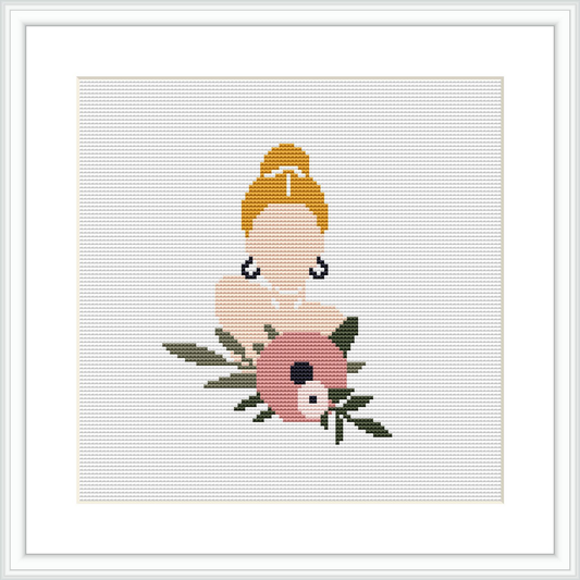 A framed cross stitch pattern depicts a stylized woman with a bun hairdo holding a large pink flower to her face, set against an off-white background.