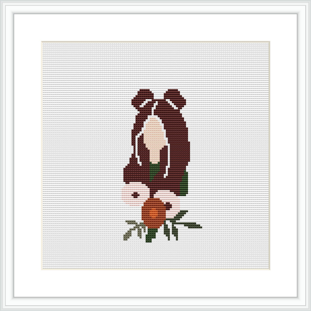 The image shows a cross stitch pattern framed within a square, depicting a woman's profile integrated with floral elements against a white background.