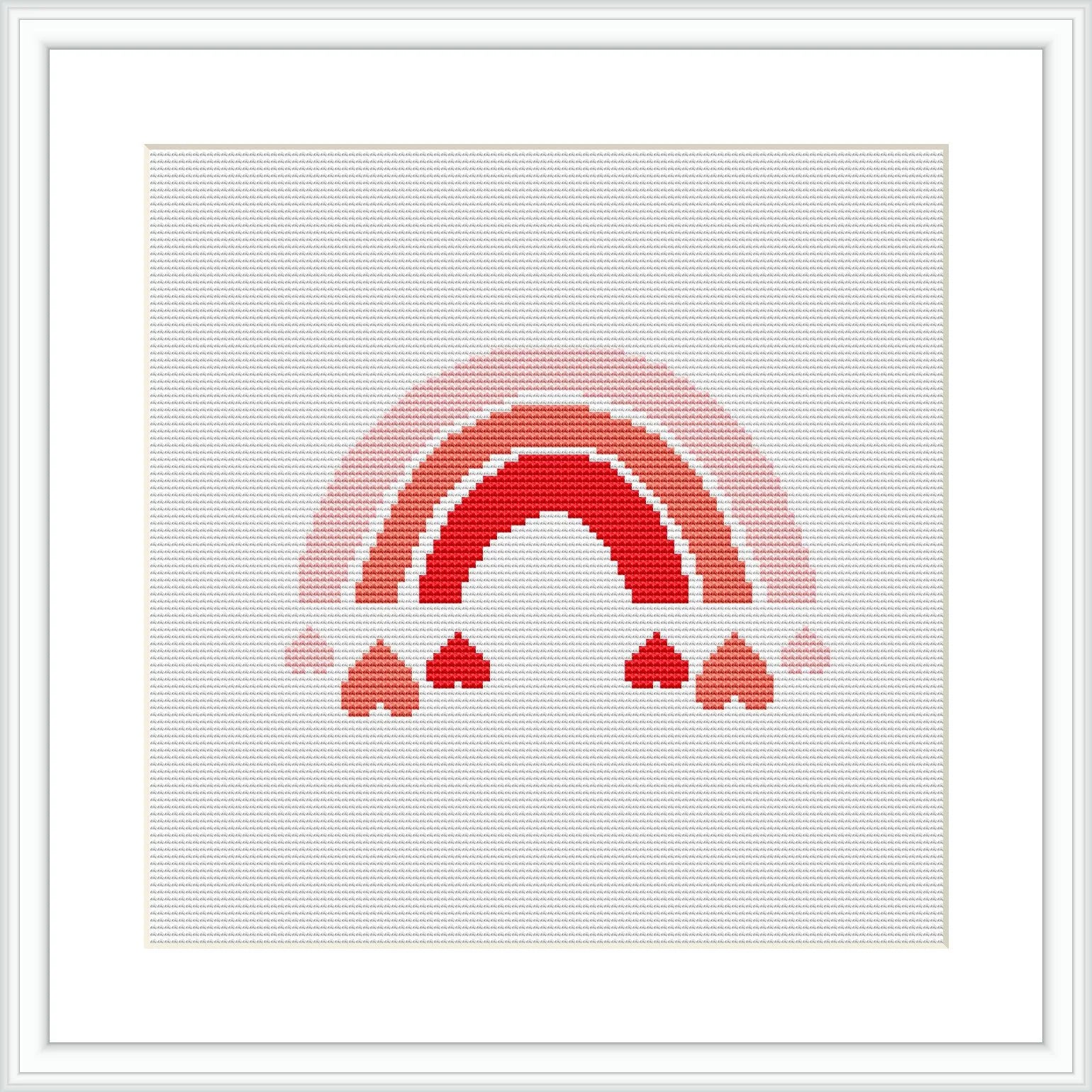 The image shows a cross stitch pattern of a stylized rainbow with alternating red and pink shades. Below the rainbow, there are several heart shapes in similar tones, all framed within a square white border on a white background.