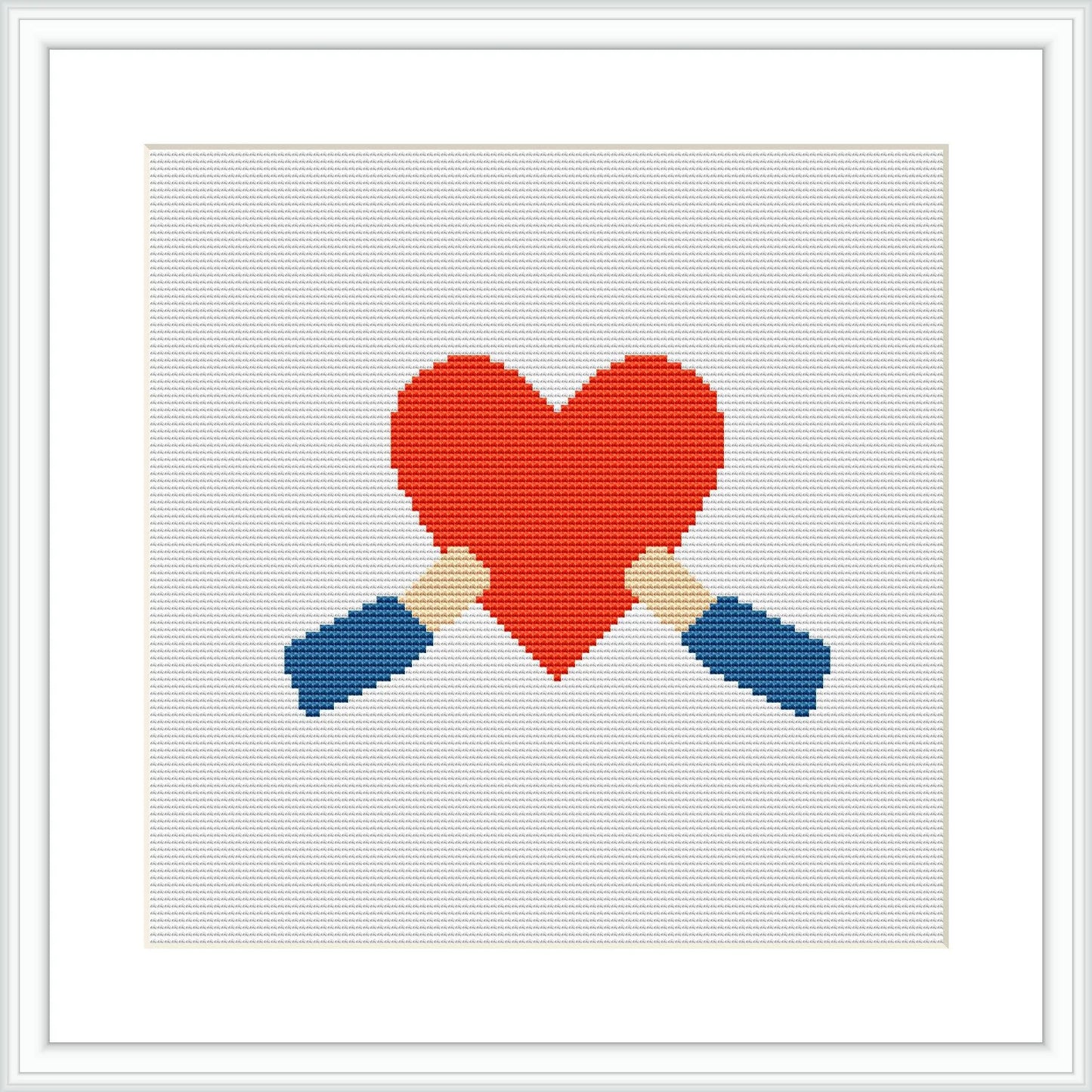 The image displays a framed cross stitch pattern featuring a large red heart in the center with two crossed paddles behind it. The heart and paddles appear pixelated due to the cross stitching technique. The design is set against a white background.