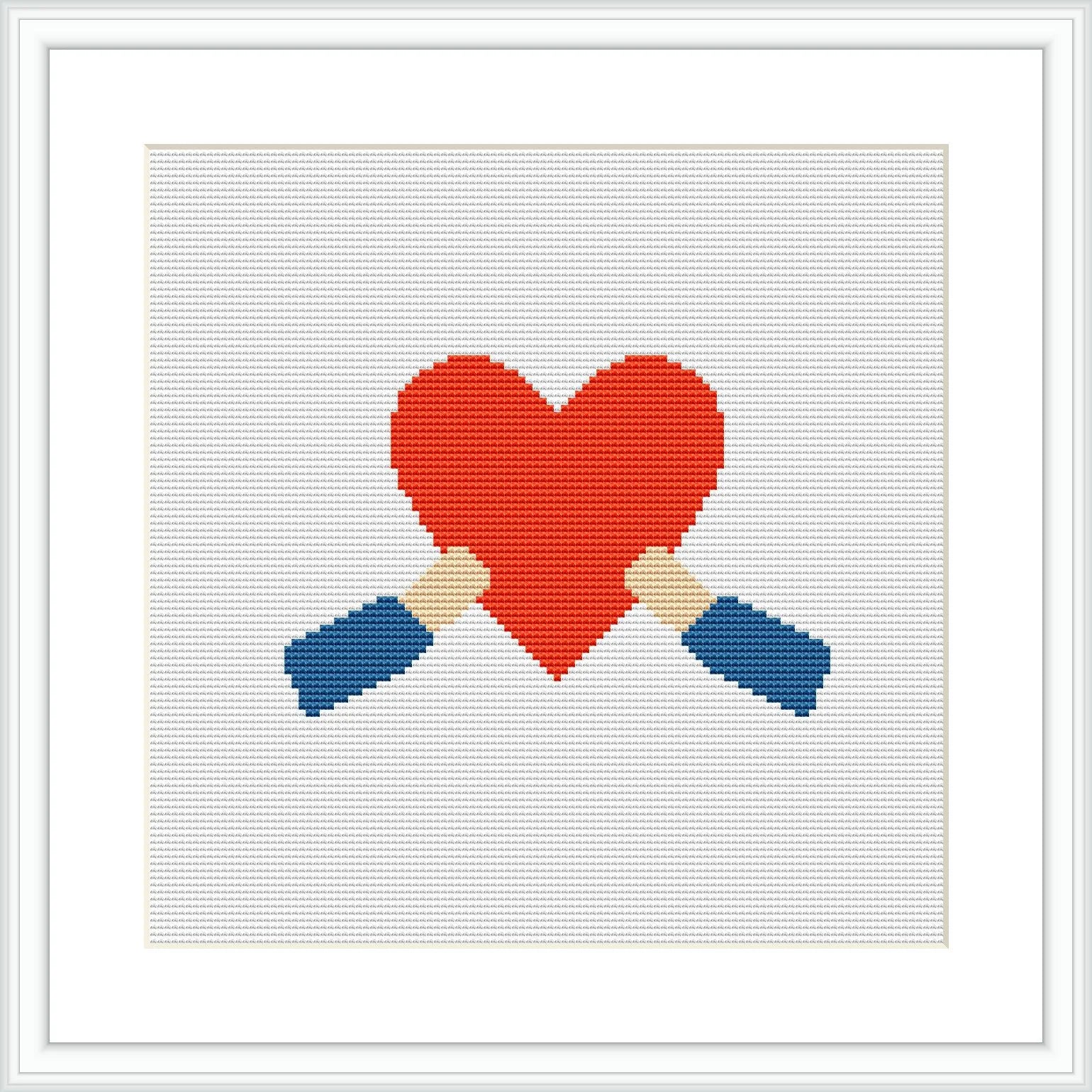 The image displays a framed cross stitch pattern featuring a large red heart in the center with two crossed paddles behind it. The heart and paddles appear pixelated due to the cross stitching technique. The design is set against a white background.