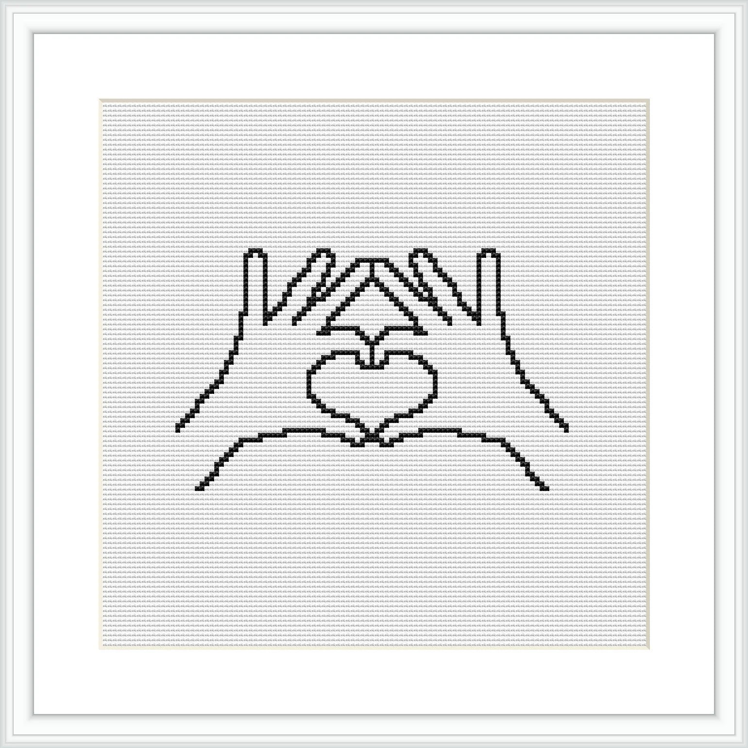 The image shows a framed cross stitch pattern depicting two hands forming a heart shape in the center. The stitches are made in a single color on a plain white canvas.