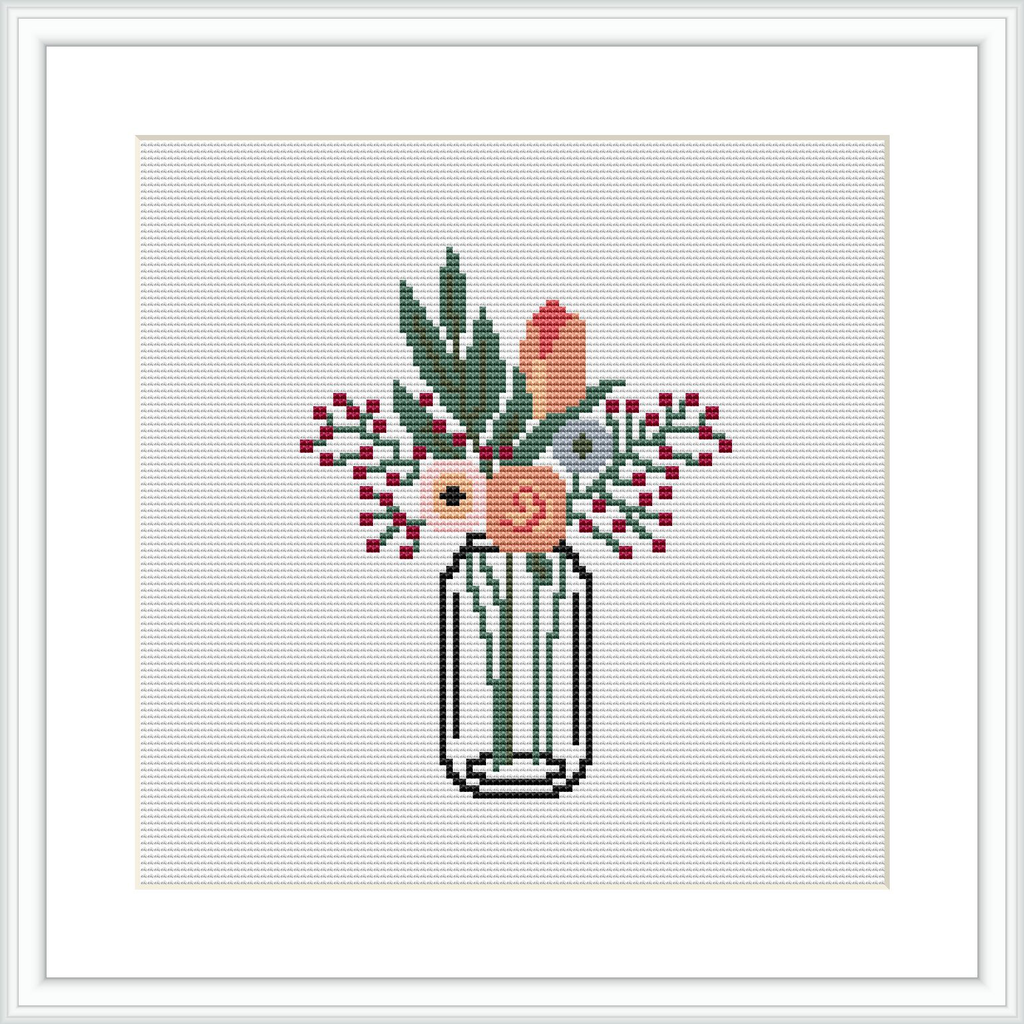 The image displays a cross stitch pattern featuring a striped vase with a variety of flowers including tulips and small berries, all centered on a white fabric background.