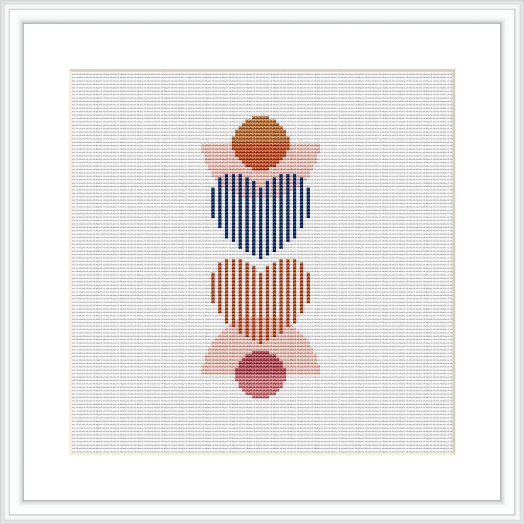 The image shows a framed cross stitch pattern consisting of three stacked abstract hearts. Each heart consists of horizontal stripes in various colors, with a solid colored circle in the center. The colors alternate between blue and red for the stripes, with pink and brown for the central circles. The design is centered on a white canvas within a square frame.