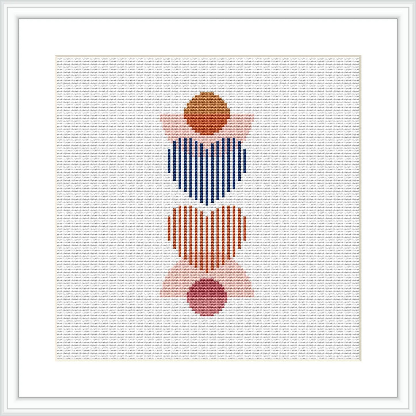 The image shows a framed cross stitch pattern consisting of three stacked abstract hearts. Each heart consists of horizontal stripes in various colors, with a solid colored circle in the center. The colors alternate between blue and red for the stripes, with pink and brown for the central circles. The design is centered on a white canvas within a square frame.