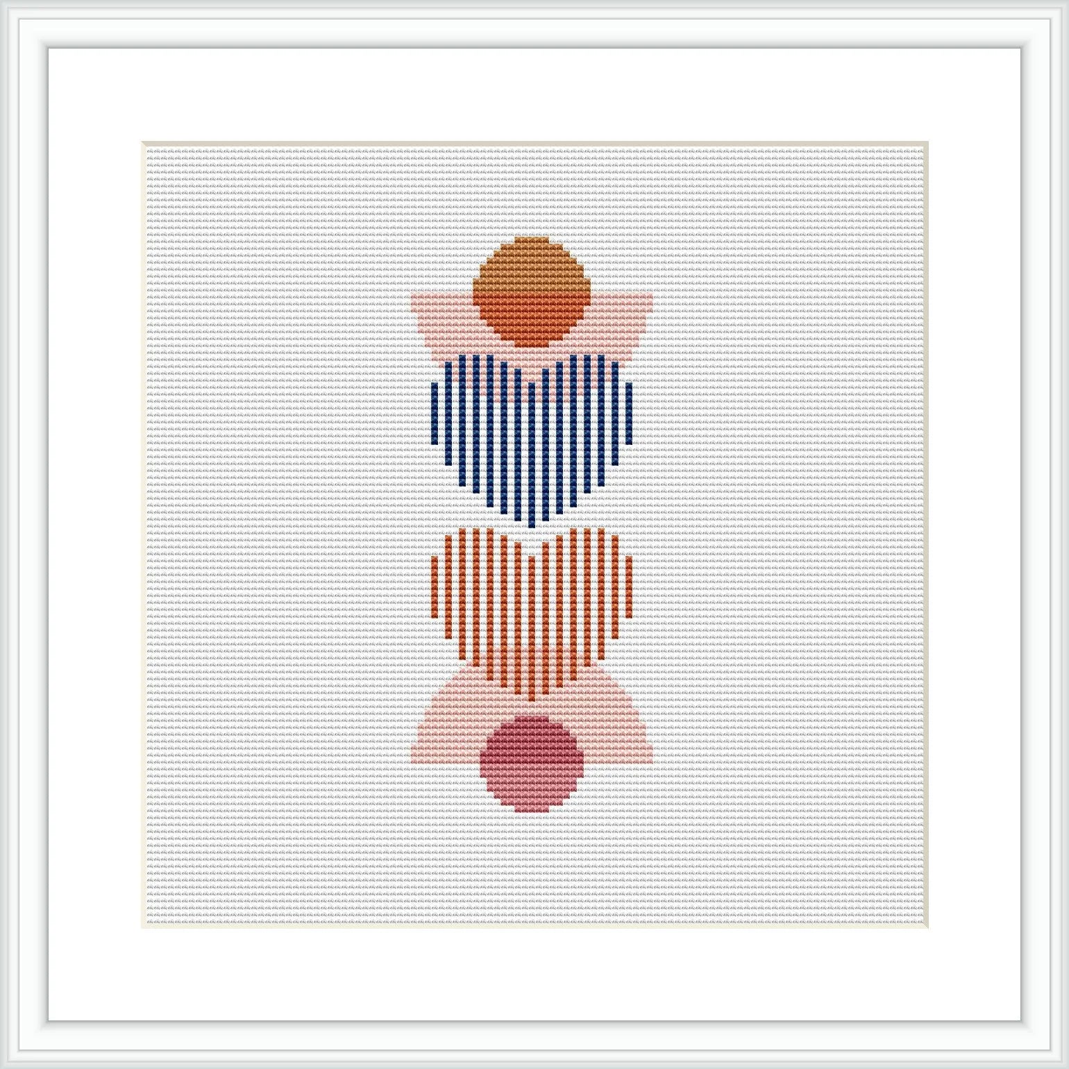 The image shows a framed cross stitch pattern consisting of three stacked abstract hearts. Each heart consists of horizontal stripes in various colors, with a solid colored circle in the center. The colors alternate between blue and red for the stripes, with pink and brown for the central circles. The design is centered on a white canvas within a square frame.