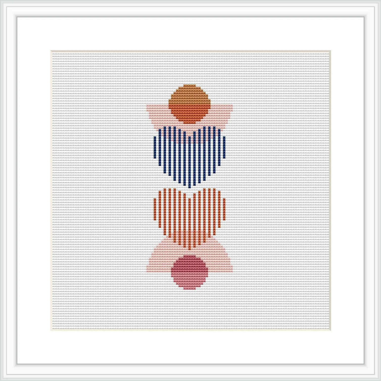 The image shows a framed cross stitch pattern consisting of three stacked abstract hearts. Each heart consists of horizontal stripes in various colors, with a solid colored circle in the center. The colors alternate between blue and red for the stripes, with pink and brown for the central circles. The design is centered on a white canvas within a square frame.