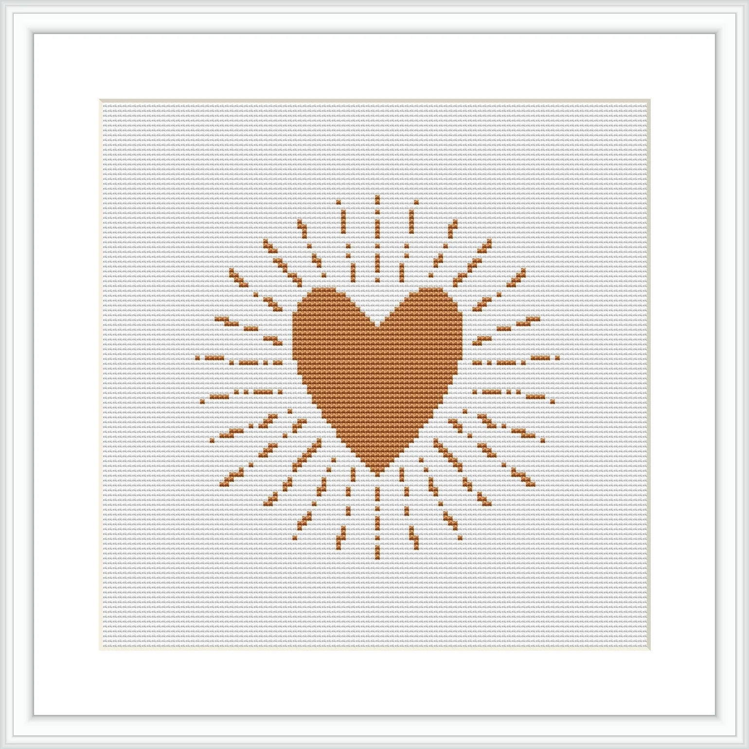 A cross stitch pattern displaying a centered brown heart with radiating lines and dots creating a sunburst effect, displayed on an ivory or white background within a frame.