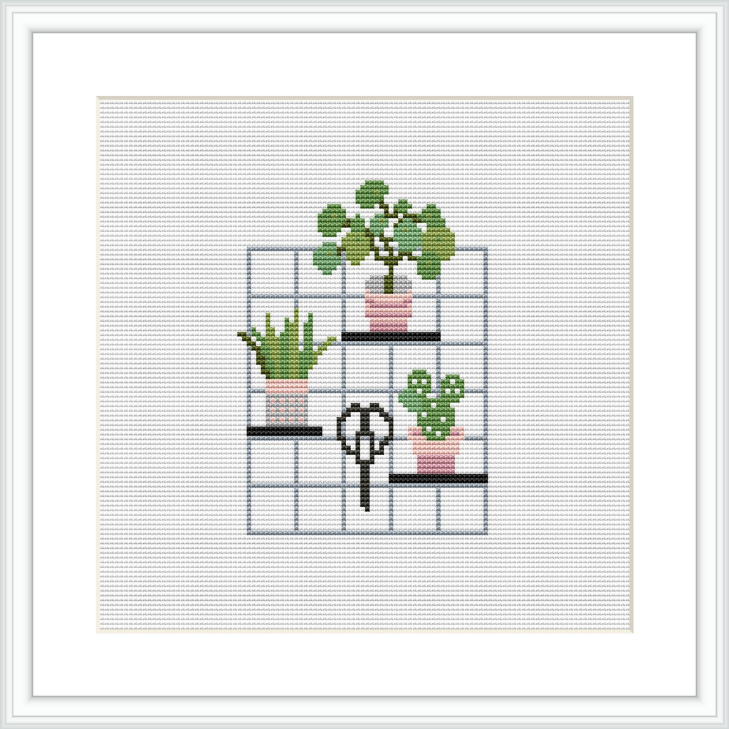 The image shows four shelves arranged in a grid each containing a different indoor plant. The shelves and the background are minimal, with a few pink accents.