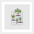 The image shows four shelves arranged in a grid each containing a different indoor plant. The shelves and the background are minimal, with a few pink accents.