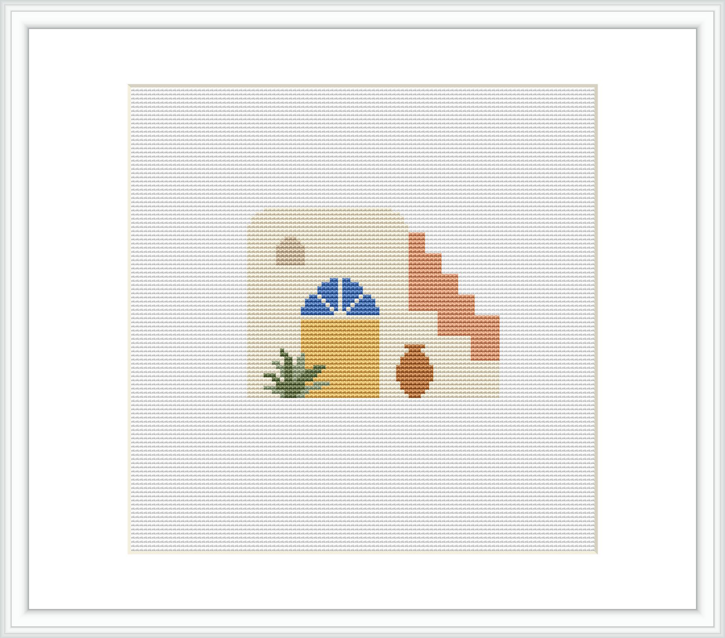 The image depicts a stylized beach scene with an umbrella, a set of stairs leading towards the beach, a terracotta pot, and a green plant in front. The background seems to represent the sea on the horizon under a clear sky.