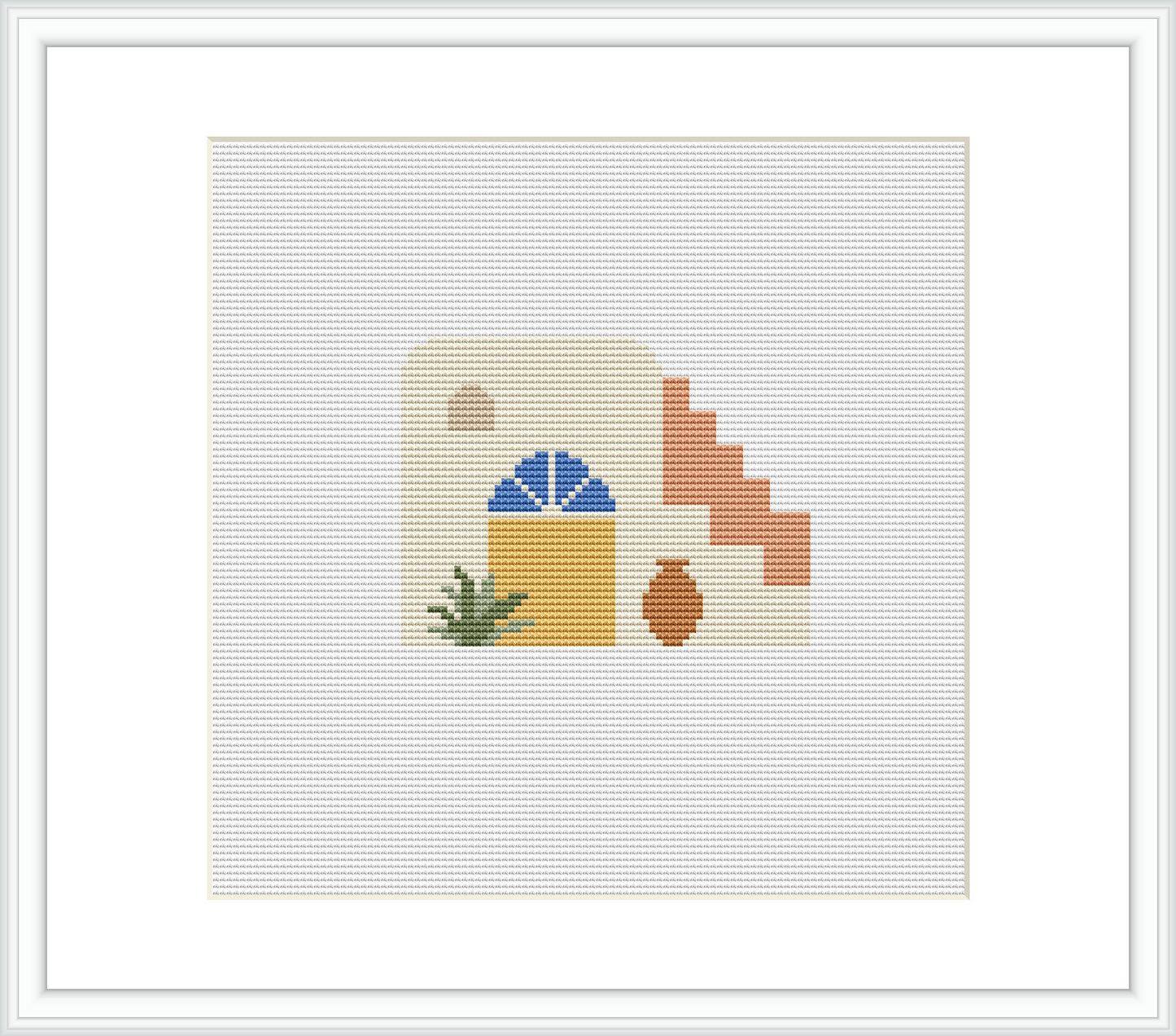 The image depicts a stylized beach scene with an umbrella, a set of stairs leading towards the beach, a terracotta pot, and a green plant in front. The background seems to represent the sea on the horizon under a clear sky.