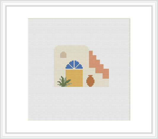 The image depicts a stylized beach scene with an umbrella, a set of stairs leading towards the beach, a terracotta pot, and a green plant in front. The background seems to represent the sea on the horizon under a clear sky.